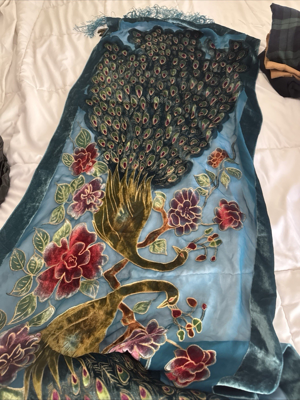 Besarani Loni Oversized Silk Satin Blue Peacock Floral Fringe Rectangle Scarf