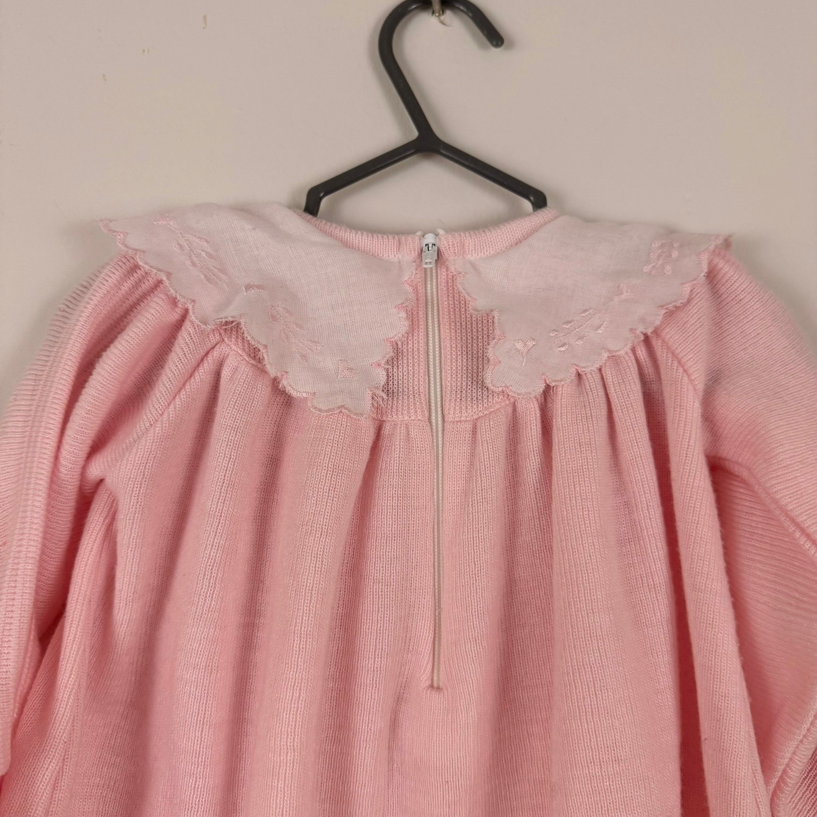 Vintage Bebe Kids Pink Knit Dress Embroidered Peter Pan Collar Long Sleeve 14in