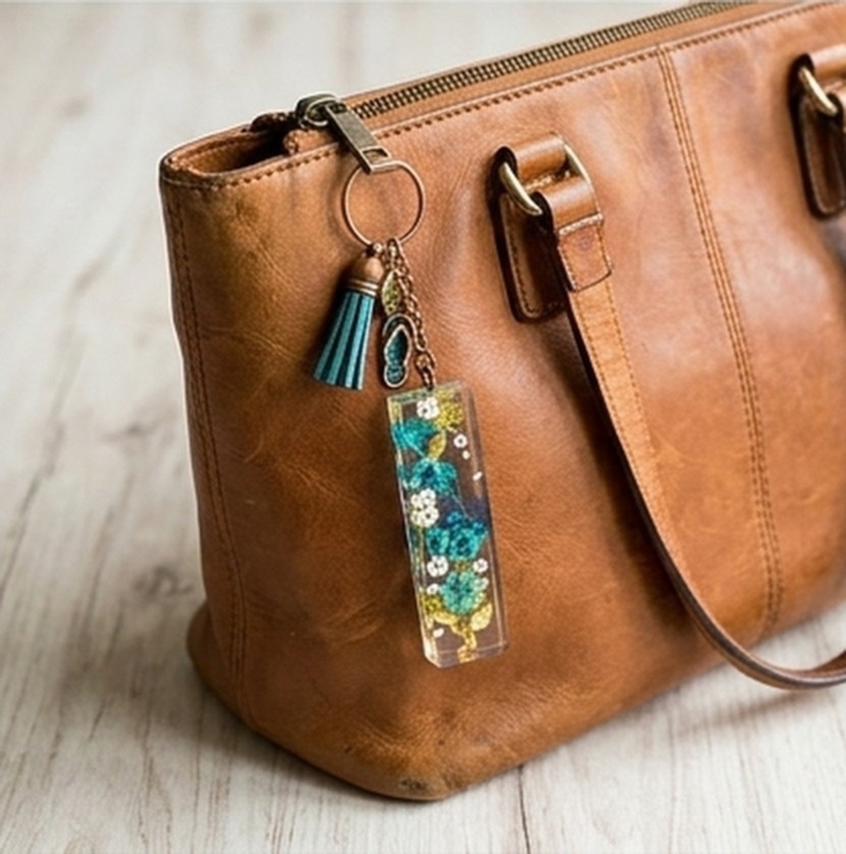 Handmade Floral Resin Keychain with Tassel and Charms