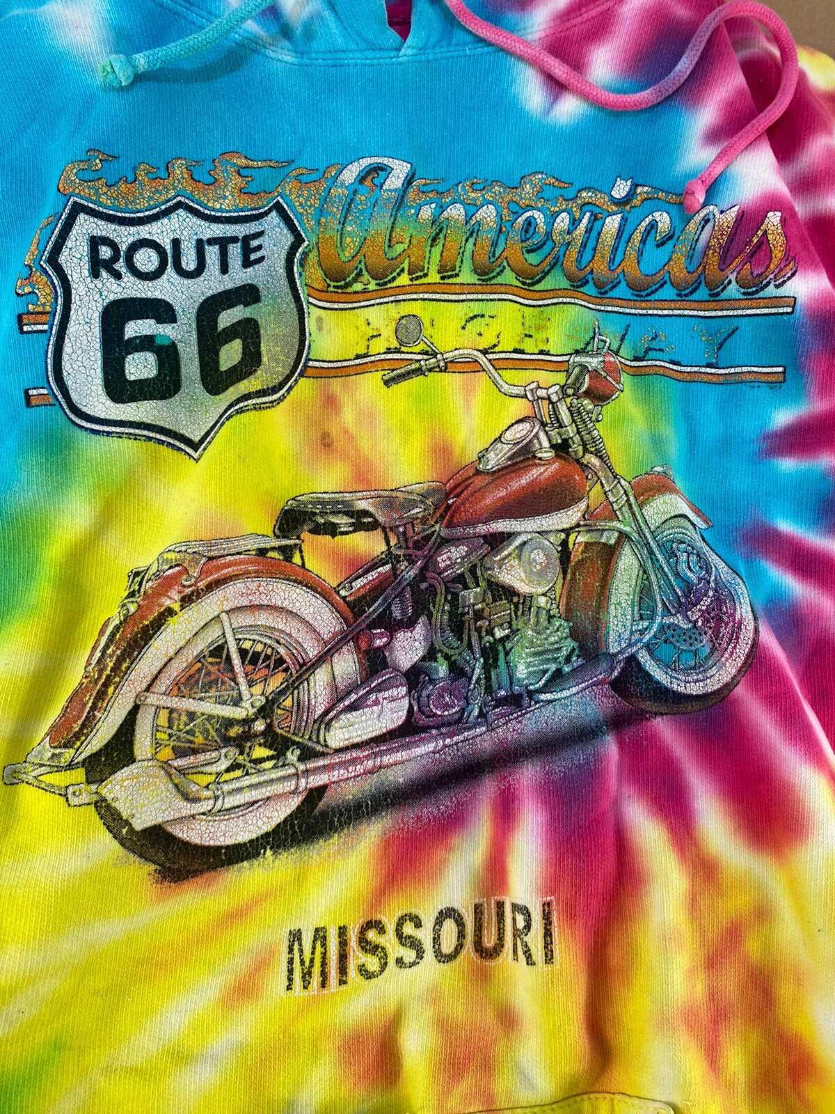 Vintage 80s 90s Tie Dye Hoody Hoodie Sweatshirt Route 66 Distressed Motorcycle