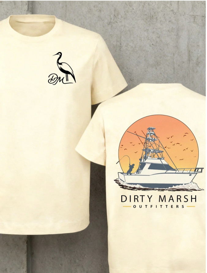 Christian Dirty Marsh Fishing T-Shirt Sportfishing Boat Sunset Tee