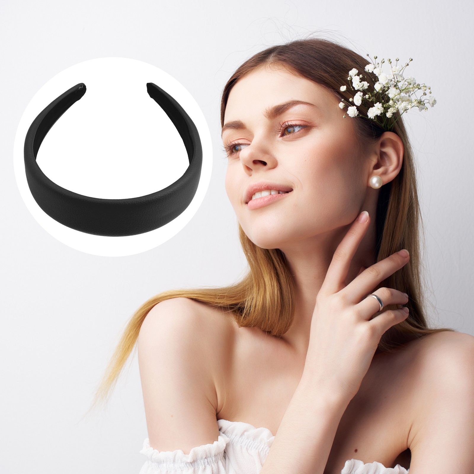1Pcs Women Headbands Solid Colors Faux Leather Hard Hair Bands 1.6″ Wide Black