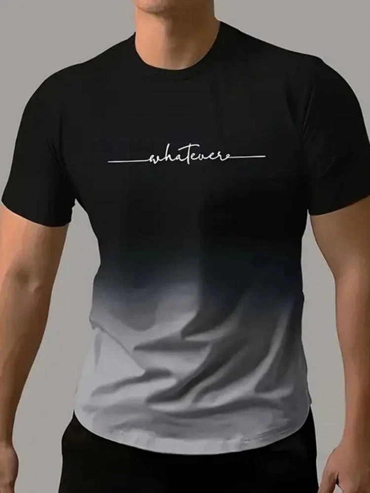 Men’s Vintage Gradient Print Casual Tee Shirt Breathable Polyester O-Neck