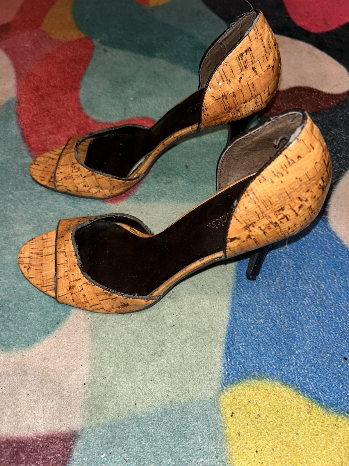 Chadwicks Tan Black D’Orsay Peep Toe Solid Stiletto Slip On Synthetic Heels