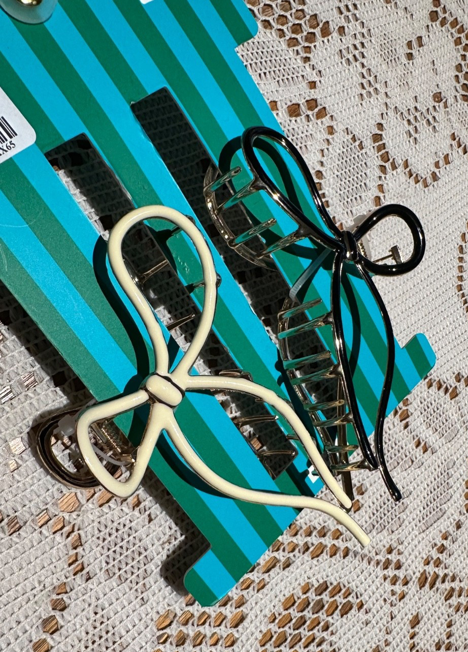 Piper K Metal Bow Ribbon Claw Clips Set Of 2 BLACK, WHITE NEW