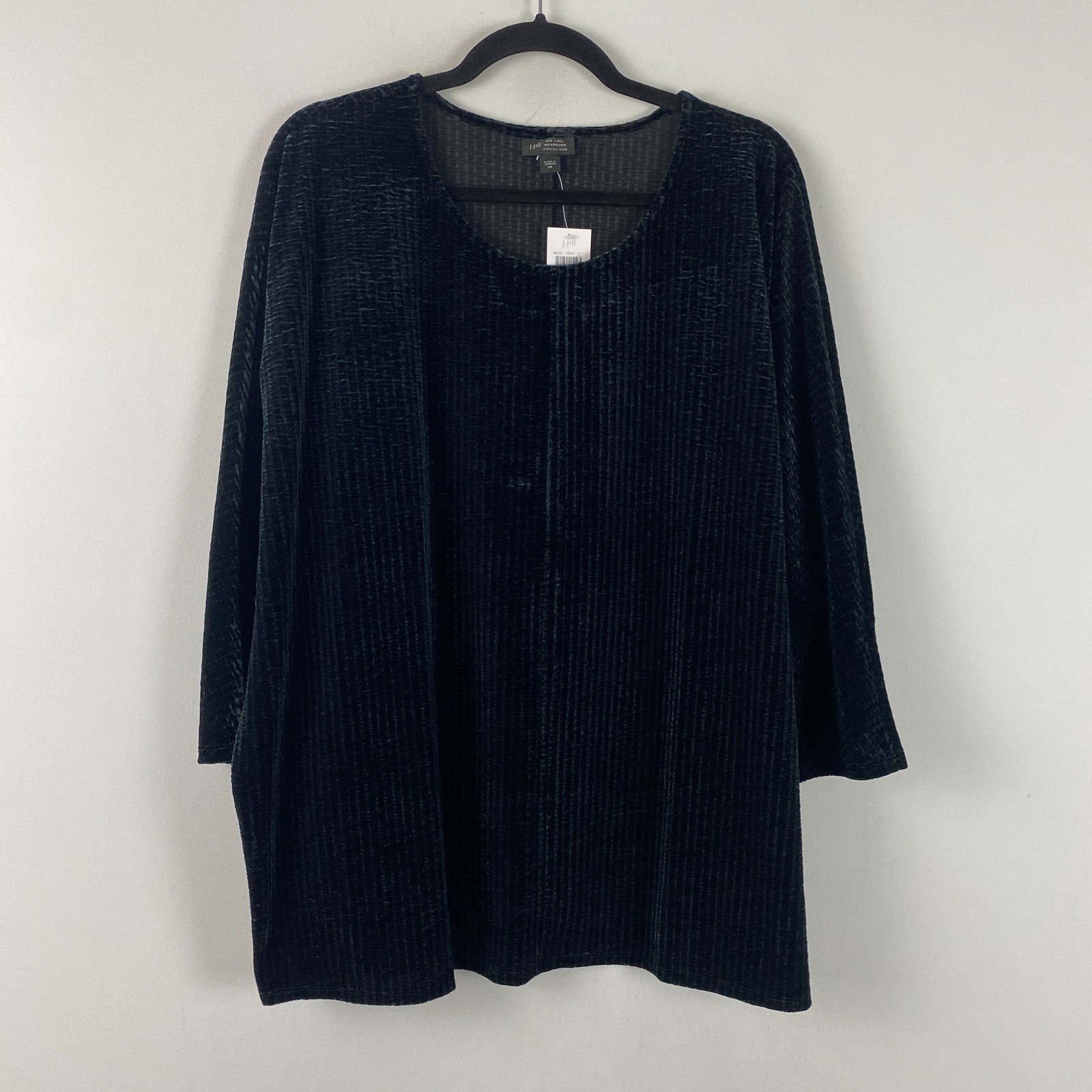J Jill Wearever Crushed Velvet Wedge Top Size 2X Black 3/4 Dolman Sleeves