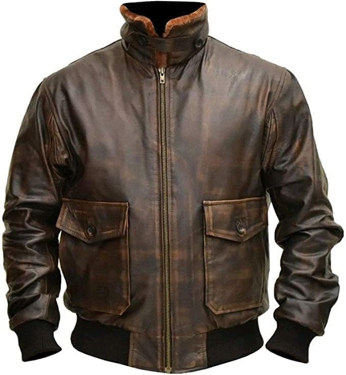 Mens G-1 Fur Collar US Navy Flight Distressed Brown Aviator Genuine Leather Jack
