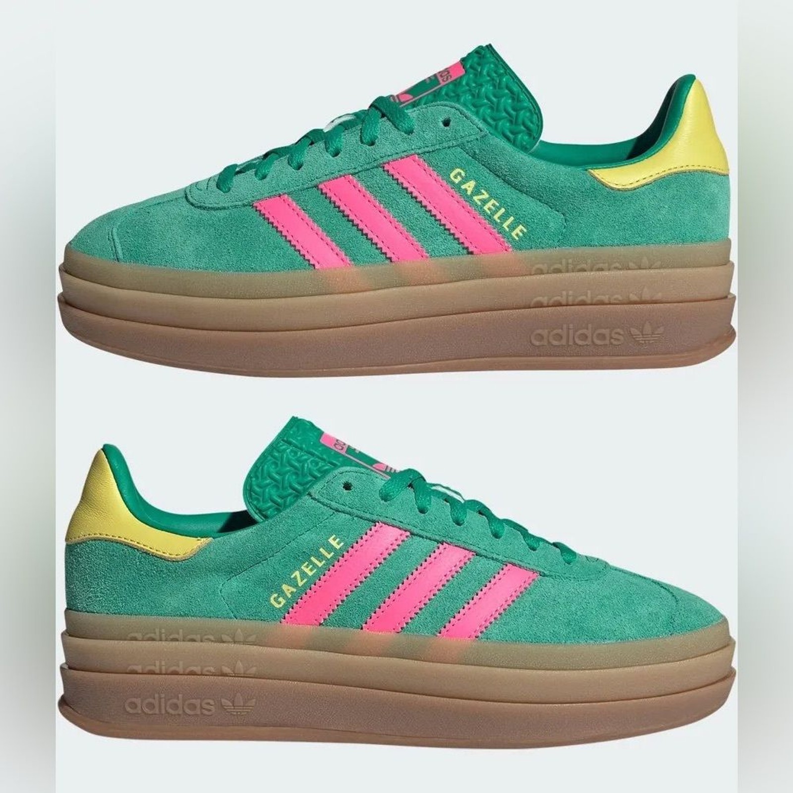 NWT Adidas Gazelle Bold in Court Green & Lucid Pink with a platform sole Size 10