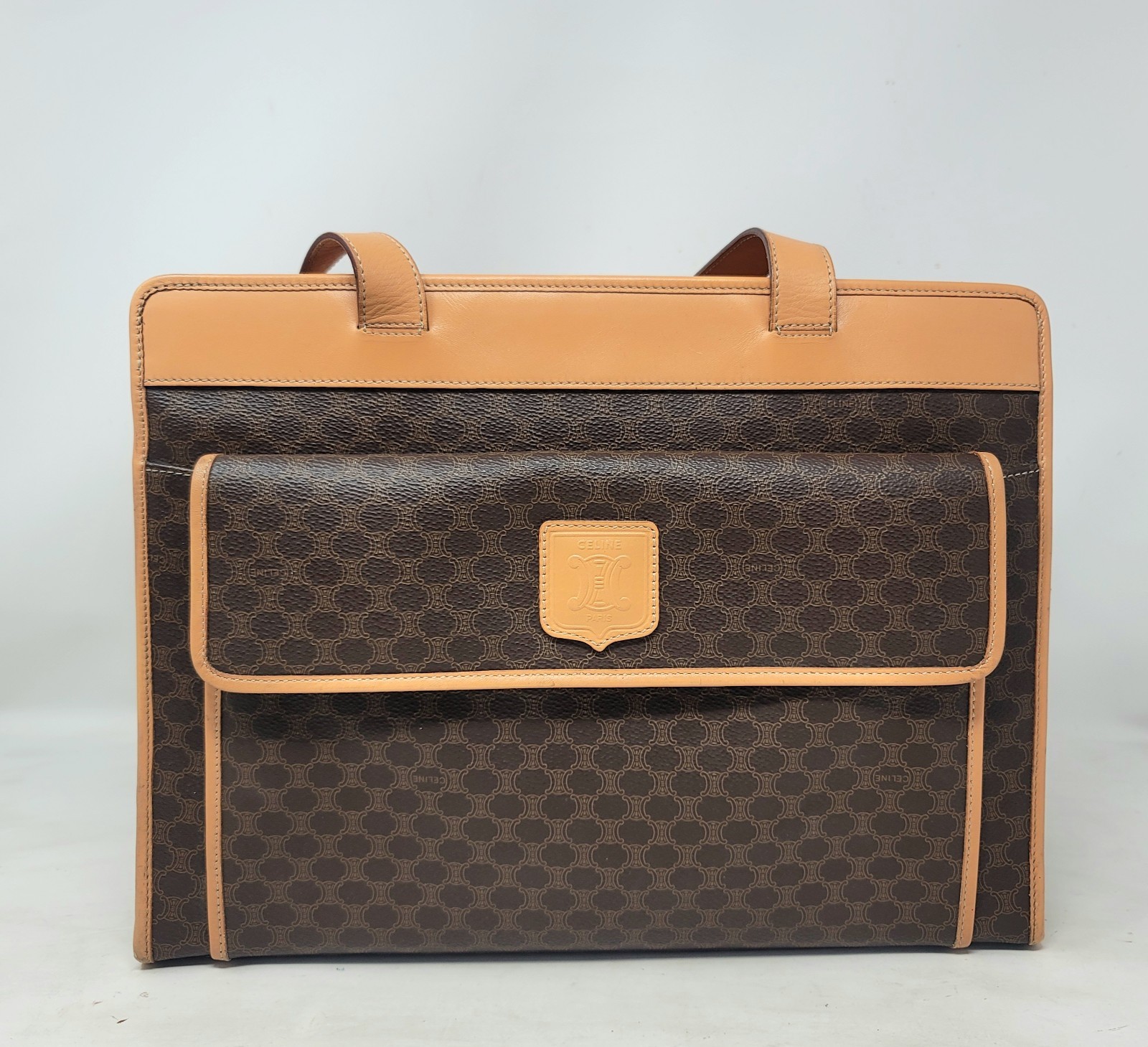 Celine Triomphe Brown Canvas Leather Large Shoulder Hand Bag Authentic Vintage