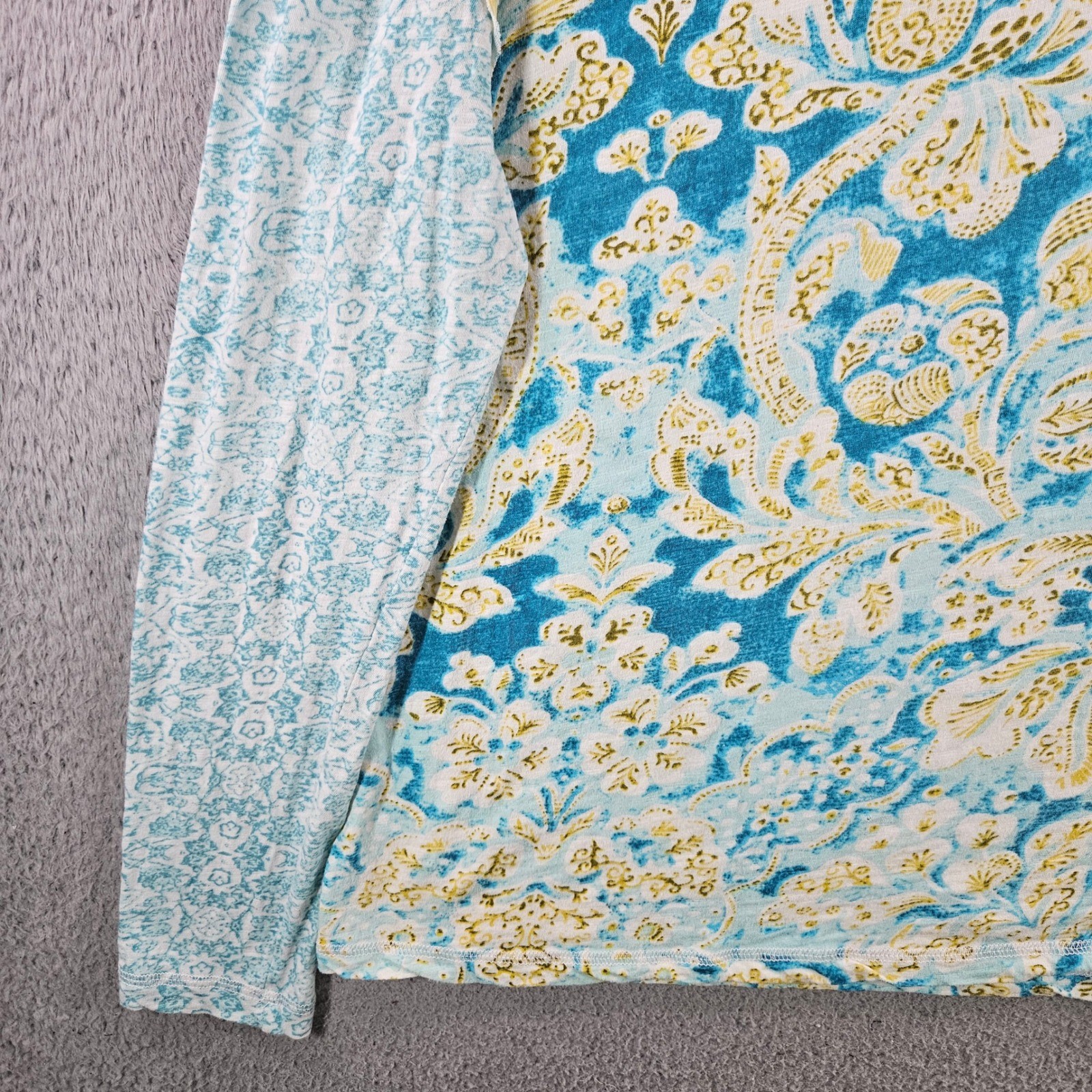 Cino Womens Blue Yellow Floral Paisley 100% Cotton Long Sleeve Top Large