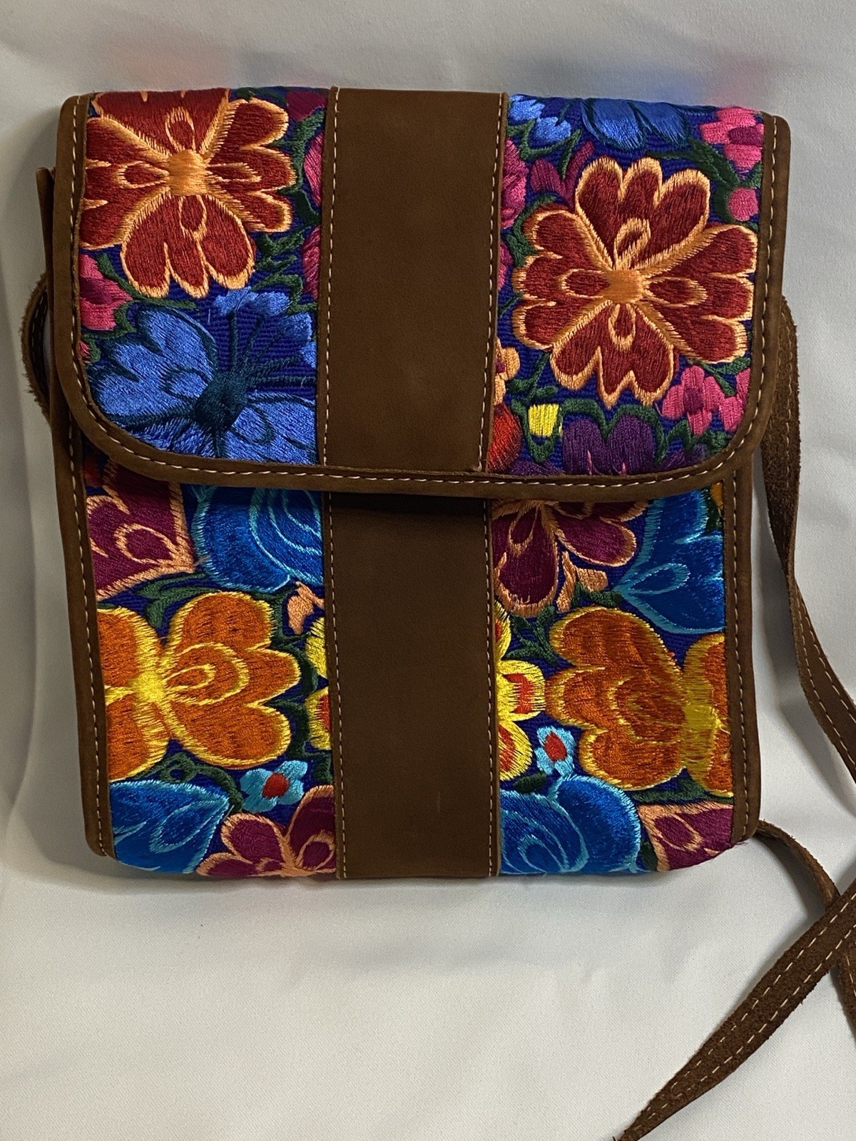 Floral Embroidered Small Women’s Crossbody Bag Magnetic Closure Brown Strap
