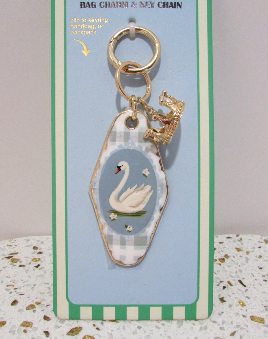 Piper K White Swan Gold Crown Bag Charm Key Chain Wedgewood Blue Gift Bag NEW