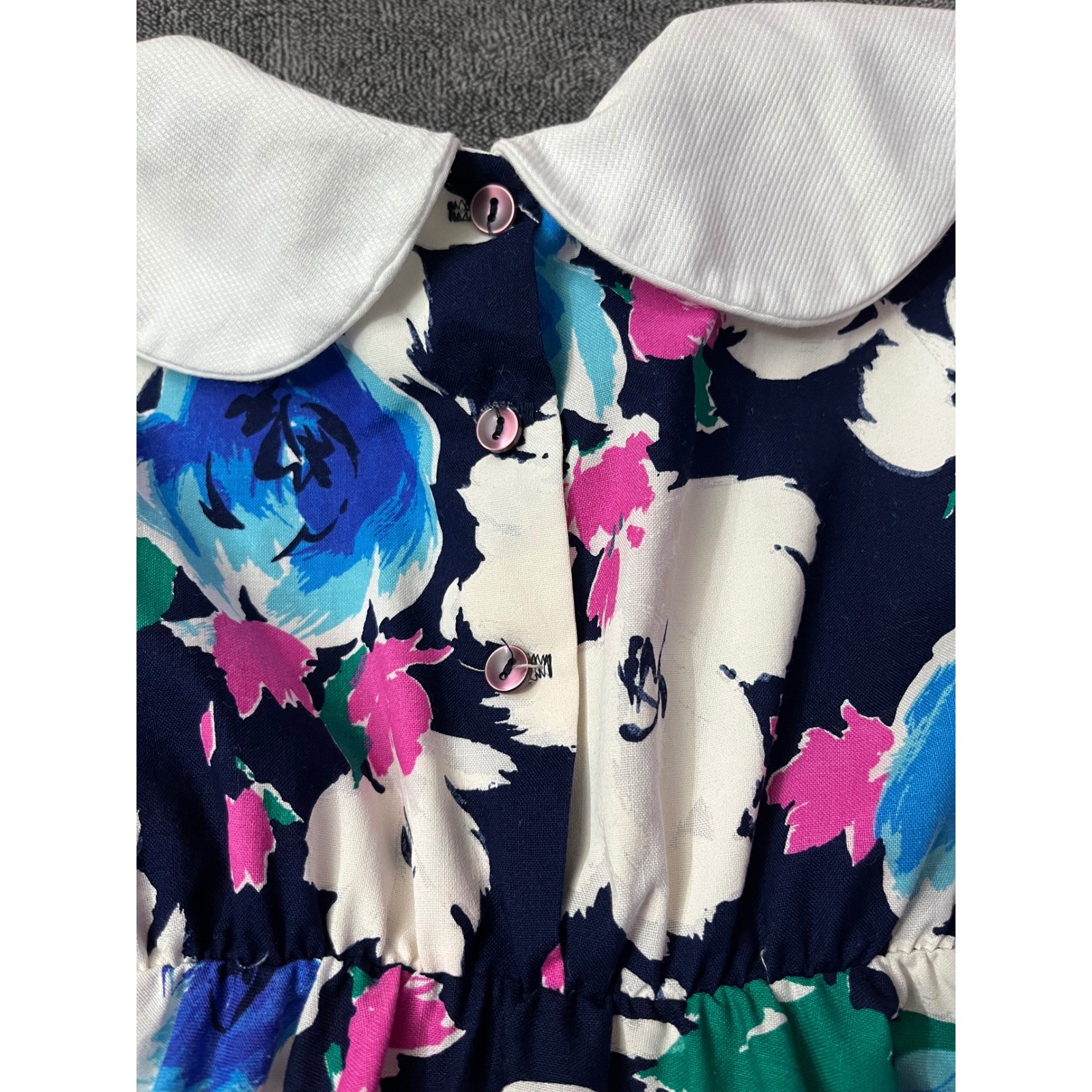 Vintage Roget Ltd Girls Navy Blue Floral Peter Pan Collar Dress Size 6