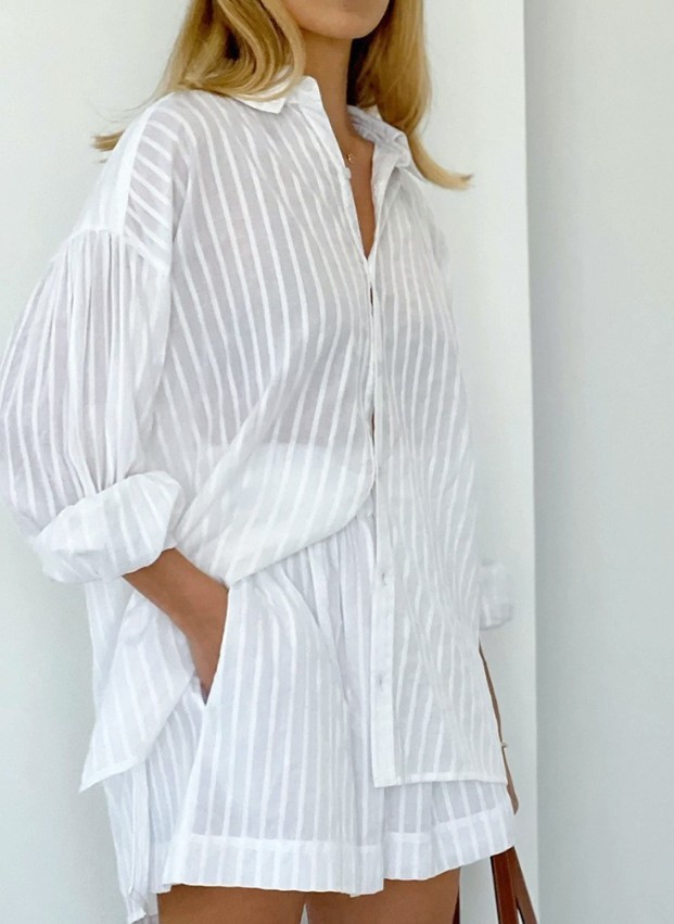 Women Striped 2 Piece Outfit Long Sleeve Button Down Shirt + Casual Short Set