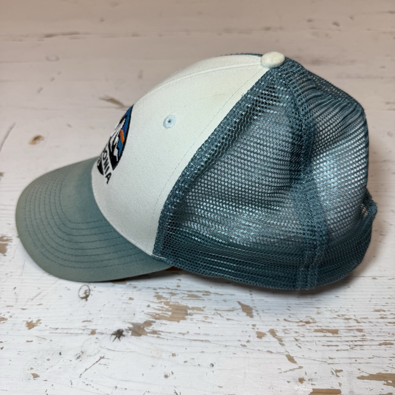 Patagonia Embroidered Spellout Mesh Lo Pro Trucker Hat Blue White