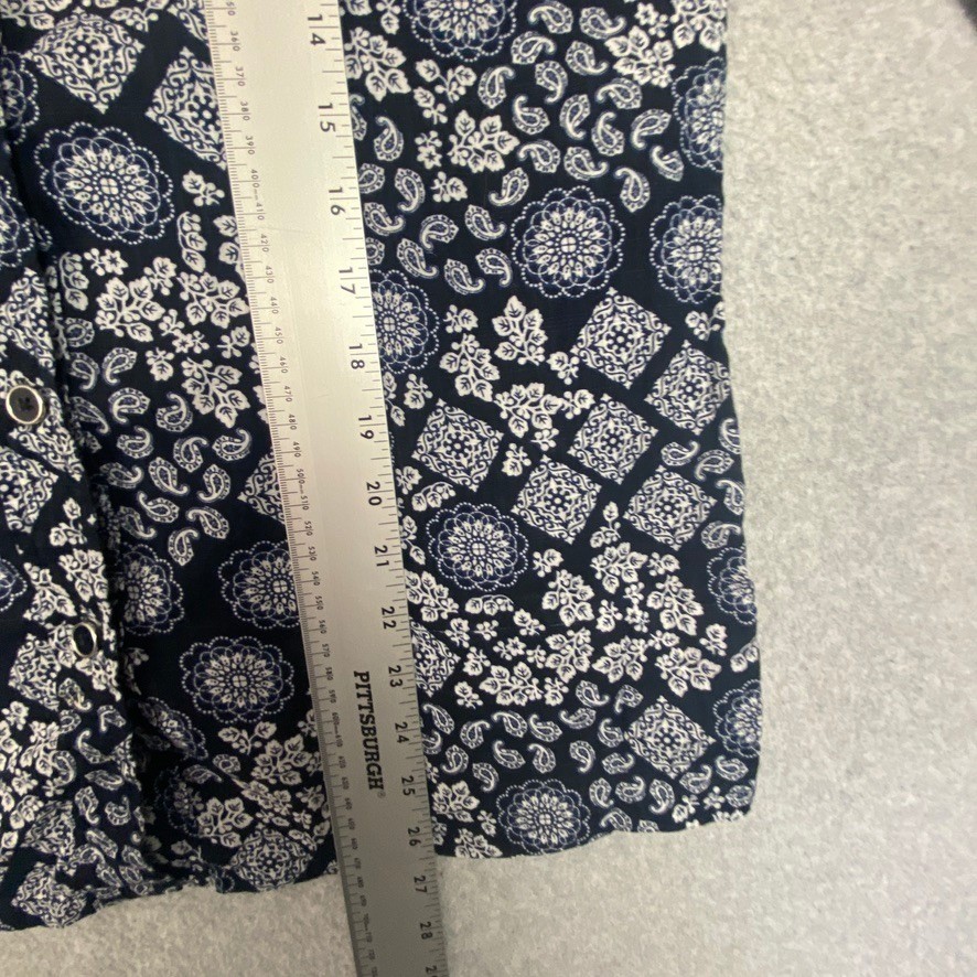 Karen Scott Top Womens Medium Navy Paisley Roll Tab Sleeve Button Up Shirt Boho