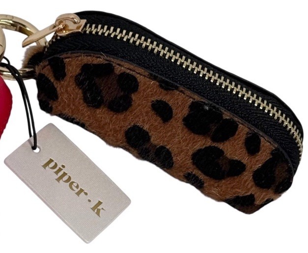 Piper K Leopard Print Mini Coin Purse Handbag Charm Gold Key Ring Heart Red Rope