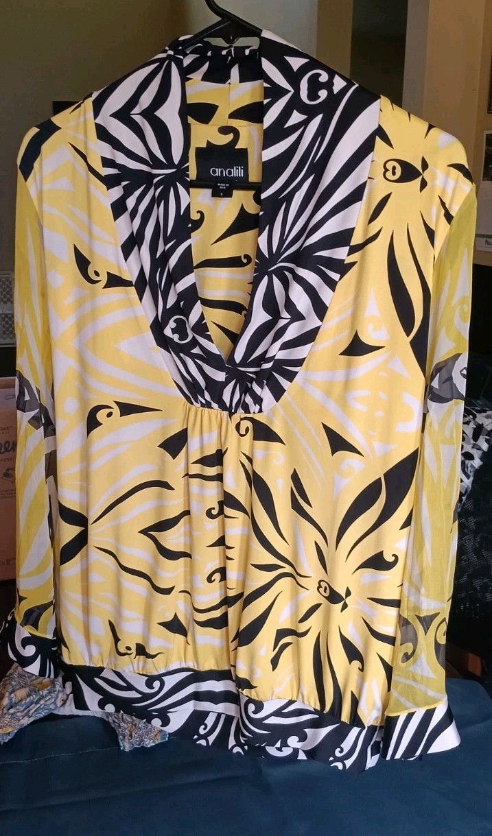 Analili Women’s Yellow Black White V-Neck Long Sleeve Blouse, S, Made In USA