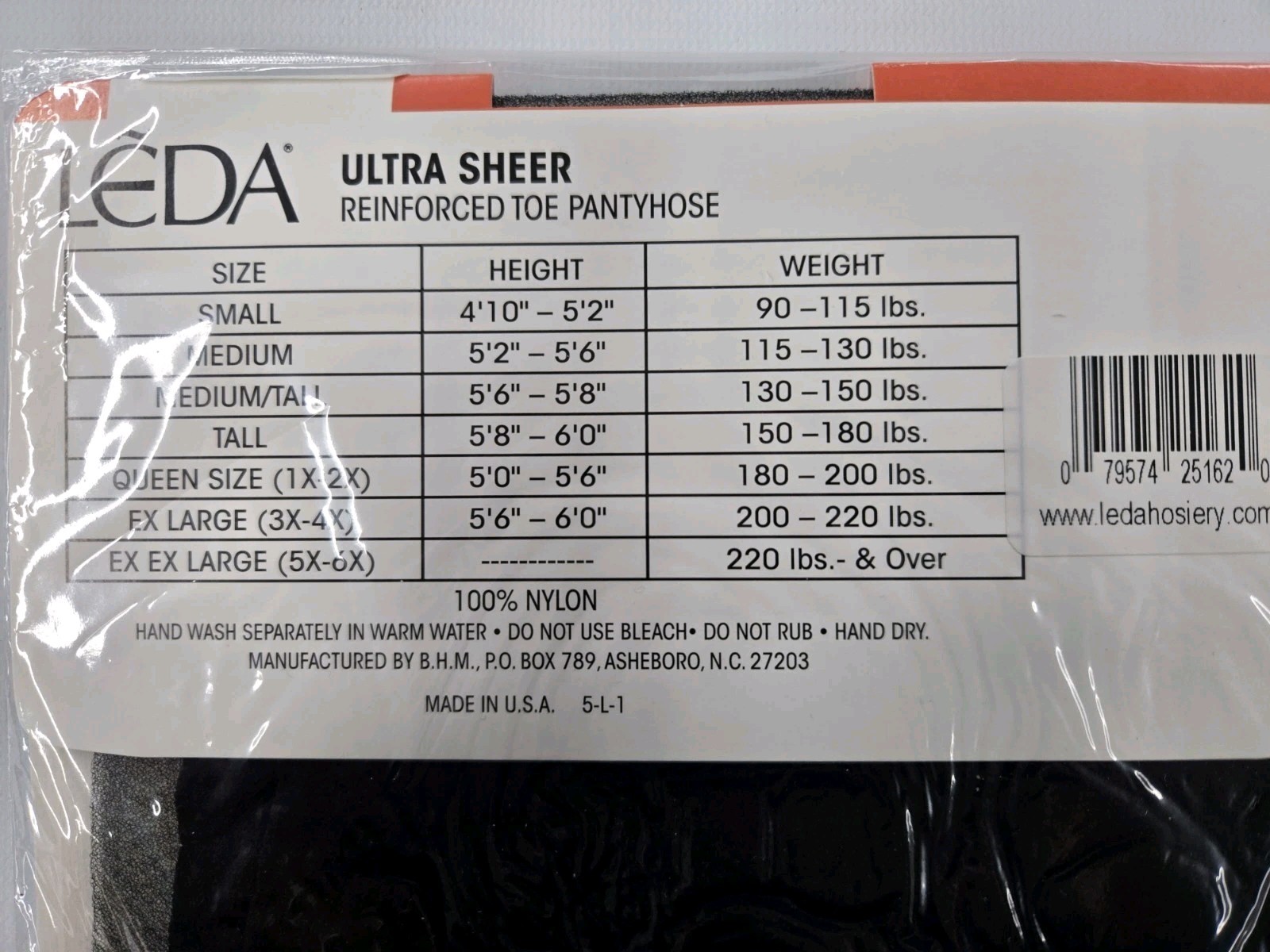 Leda Ultra Sheer Pantyhose Reinforced Toe 525 Size Tall Jet Black