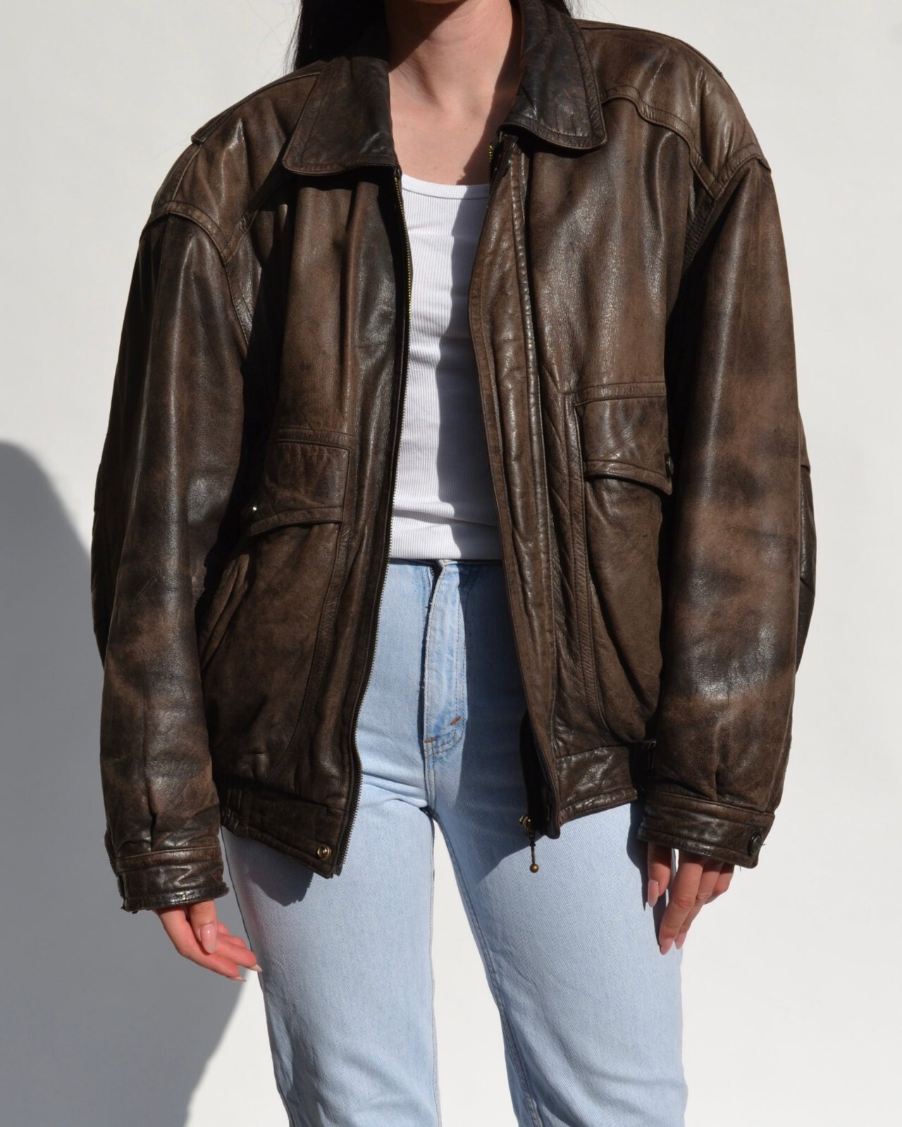 90s Women’s Baggy Style Distressed Brown Oversized Leather Bomber Jacket