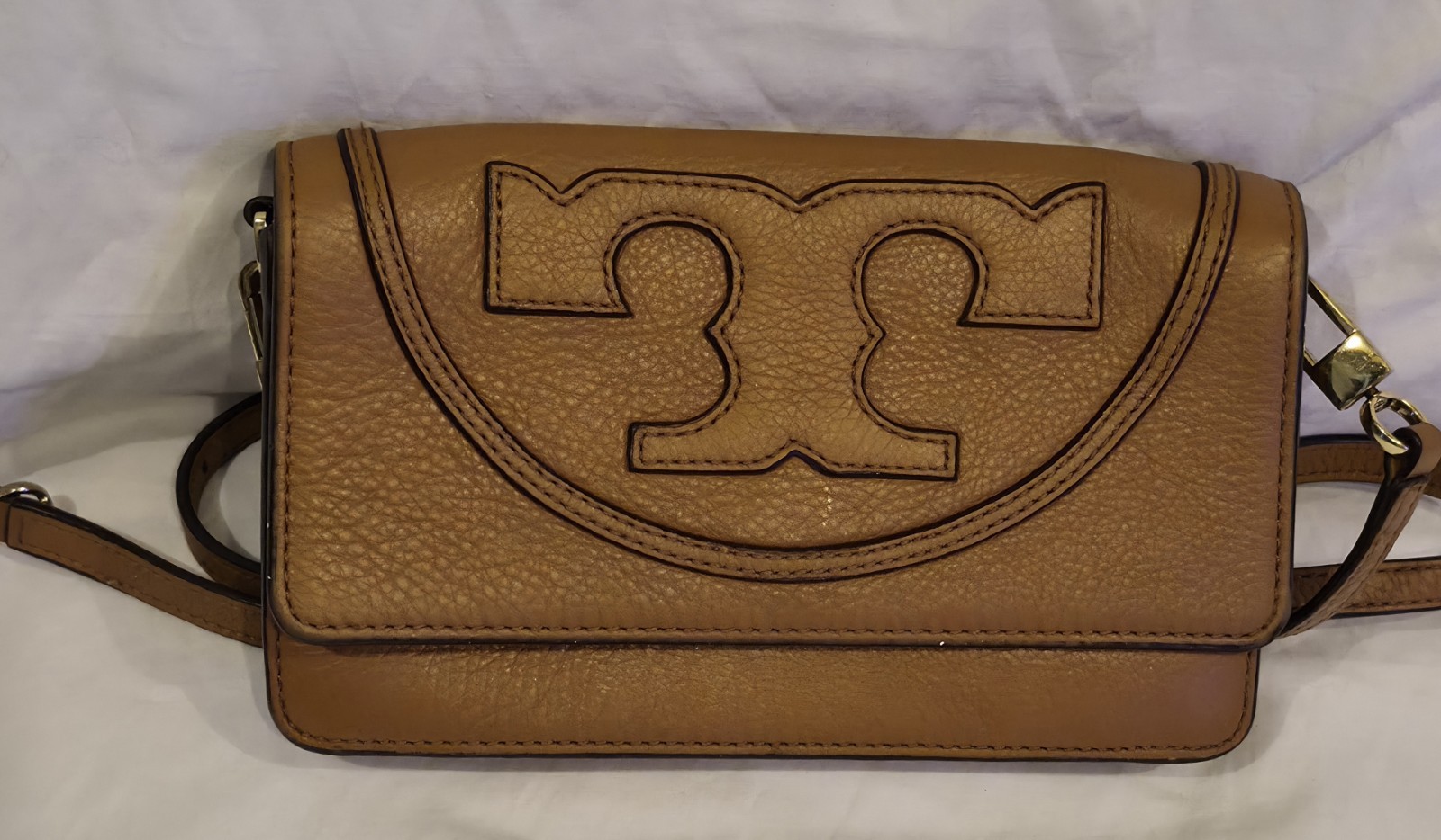 Tory Burch Brown Pebbled Crossbody Bag with Logo, Magnetic Closure, Gold