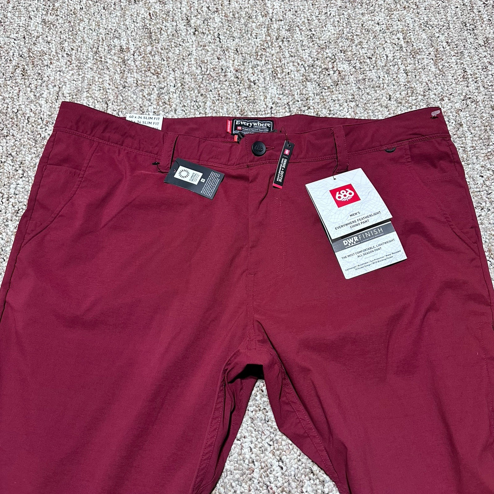 686 Everywhere Featherlight Chino Pants OXBLOOD Mens 40/34 Slim Fit NWT