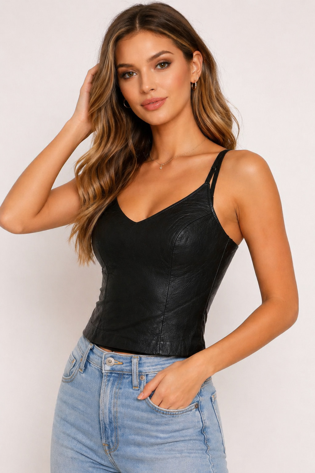 Women’s Genuine Lambskin Black Leather Halter Top — Fitted, Soft & Elegant