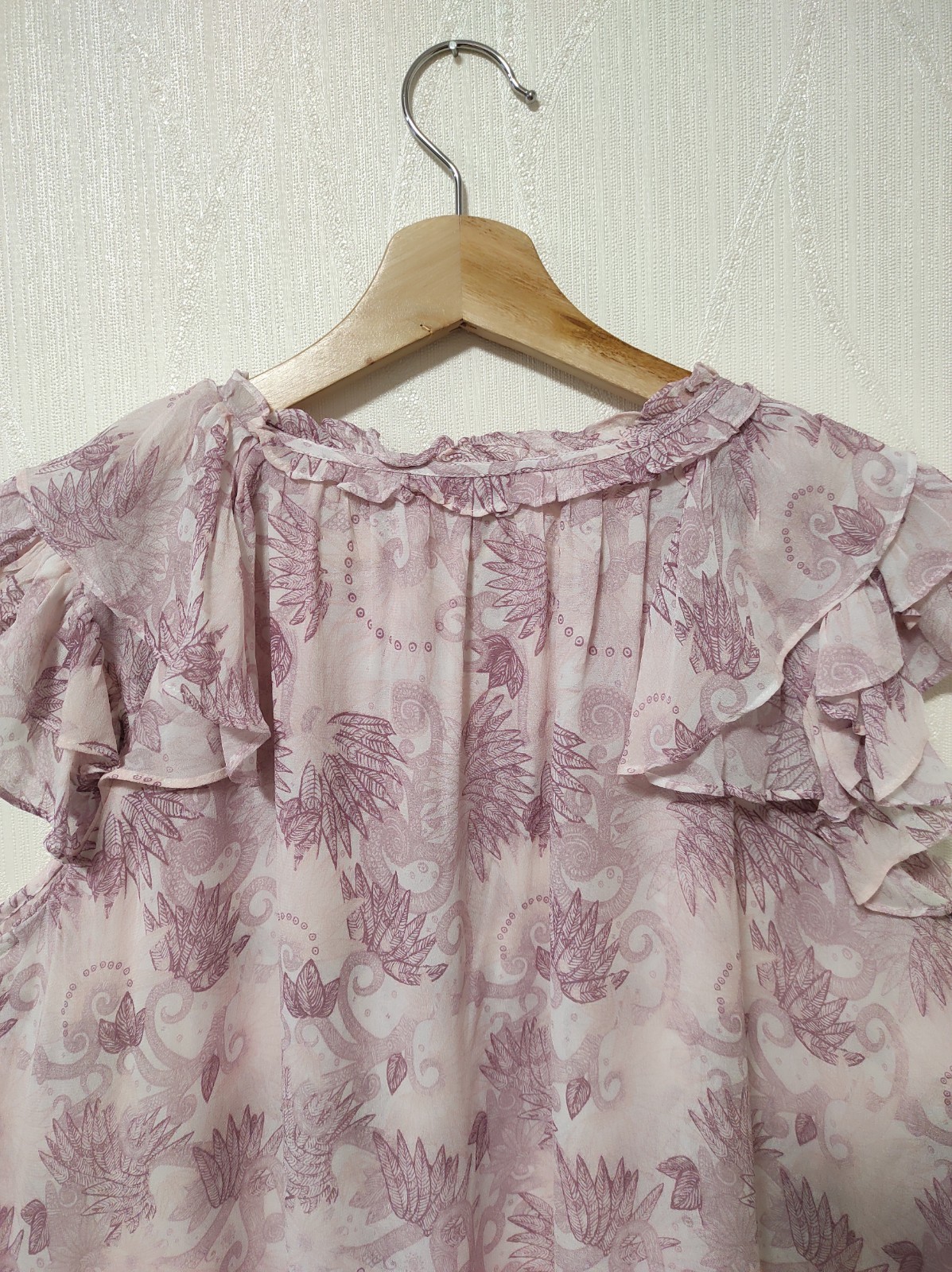 HEMISPHERE Viscose Blouse Purple Pink Floral Ruffle Boho Top Size M