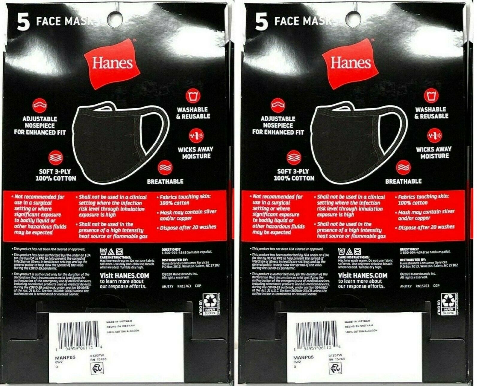 10 Pack Hanes Face Masks – Black Cotton Reusable Cover Face mask Cloth Facemask