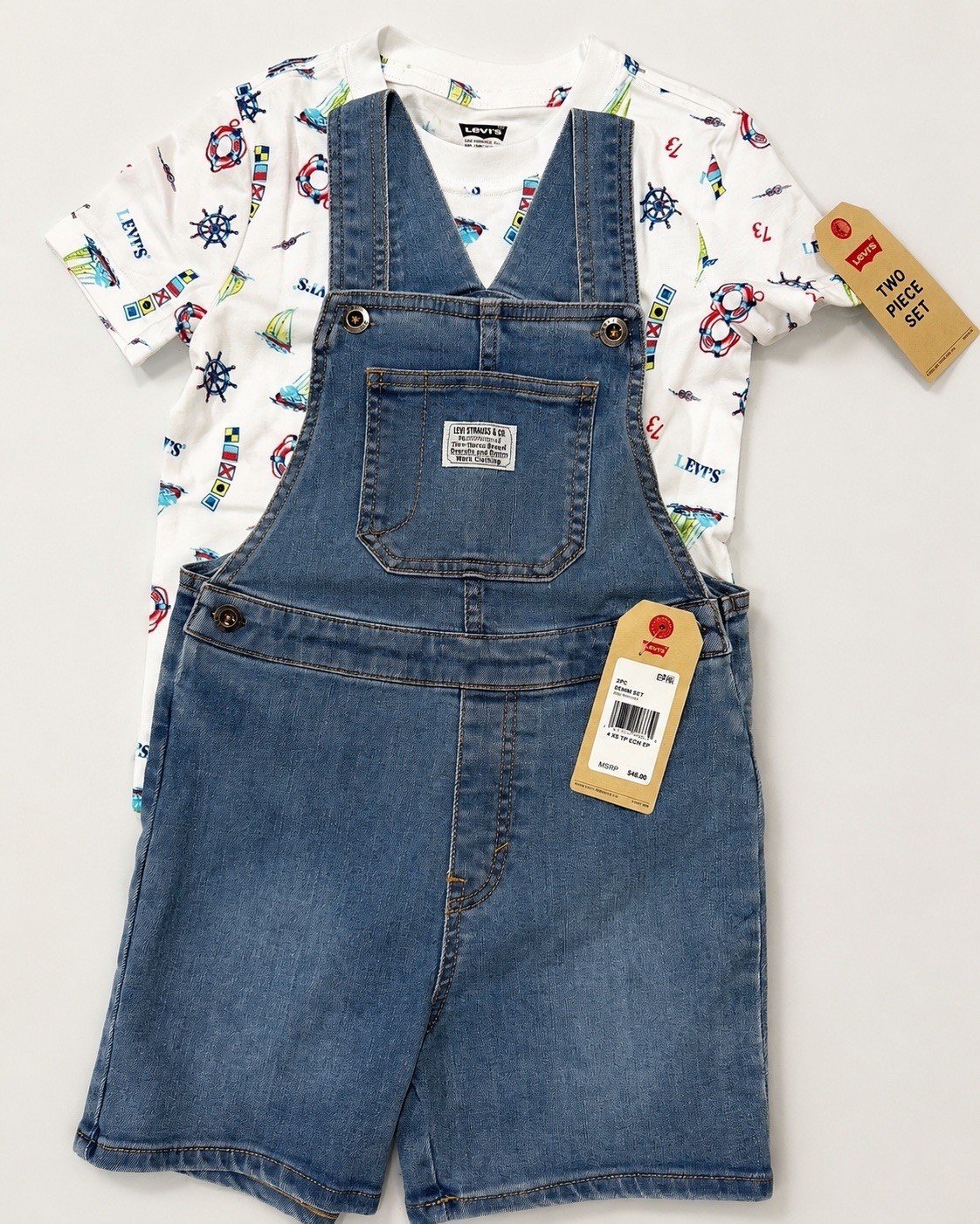 Levi’s Kids 2 Piece Shortall Set Size 4 XS Denim Overalls Nautical NWT