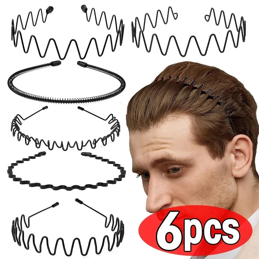 6Pcs Metal Hair Headband Wave Style Hoop Band Comb Sports Hairband Men Women