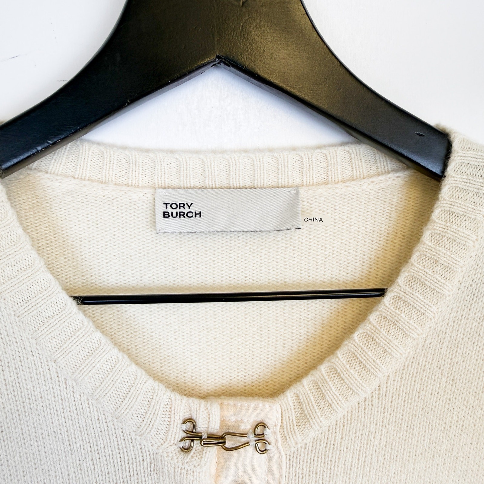 Tory Burch Hook-And-Eye 100% Cashmere Cardigan Sweater Cream – L
