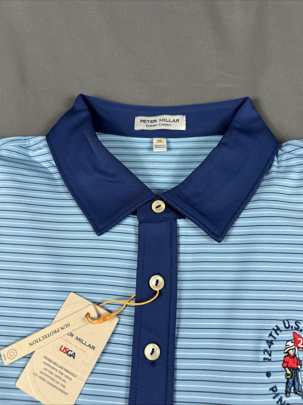 Peter Millar Golf Shirt Polo Pinehurst US Open Logo XL Blue Striped Polyester