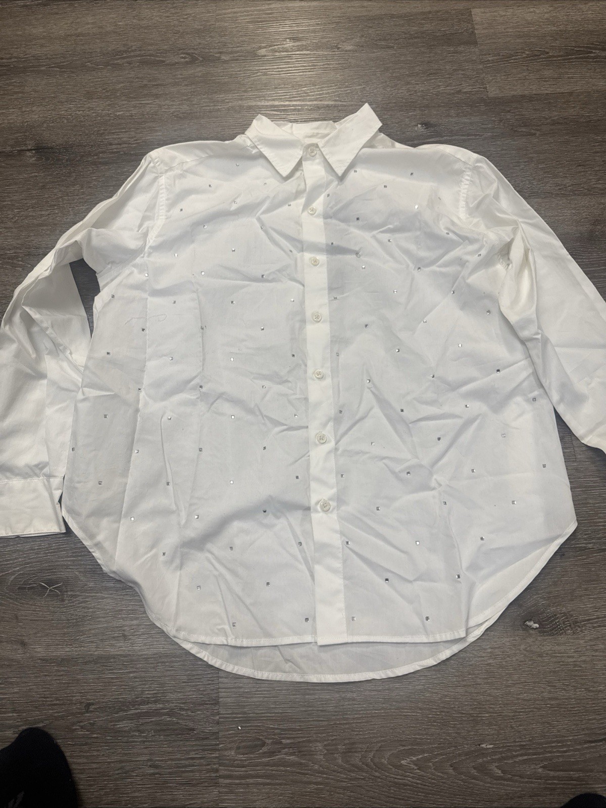 Future Collective White Collared Embellished Asymmetrical Button Down Shirt XS