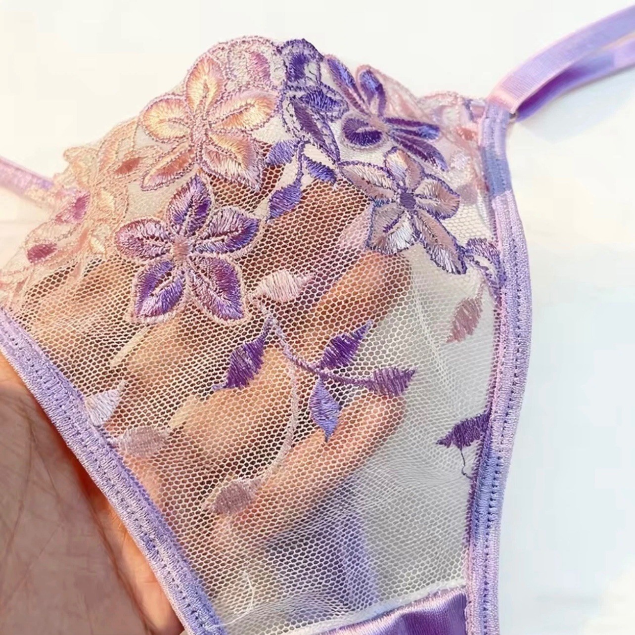 Purple Floral Lace Lingerie Set Women’s Bra & Thong Satin Sheer Embroidery XL