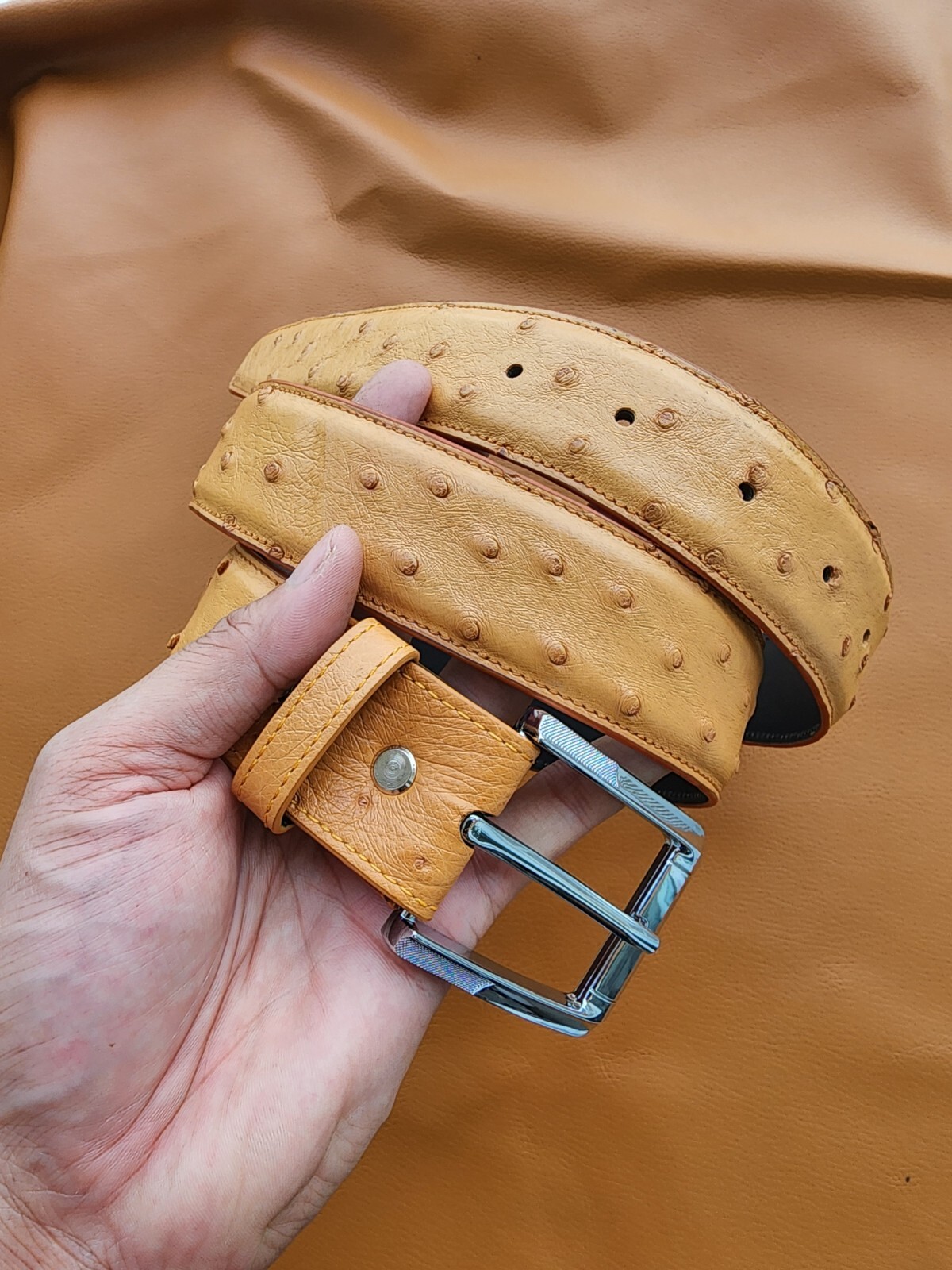 3.8CM Brown 100% Genuine Body Ostrich Leather Skin Mens Belt Buckle- Handmade