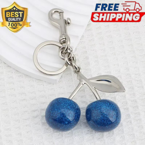 Glitter Blue Cherry Bag Charm Keychain – SILVER Hardware + Velvet Dustbag
