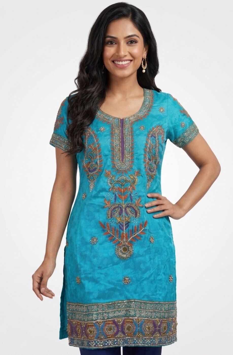 Heavy Embellished Punjabi Kurti Aqua Blue Zardozi Stone Tunic Kameez 19×30