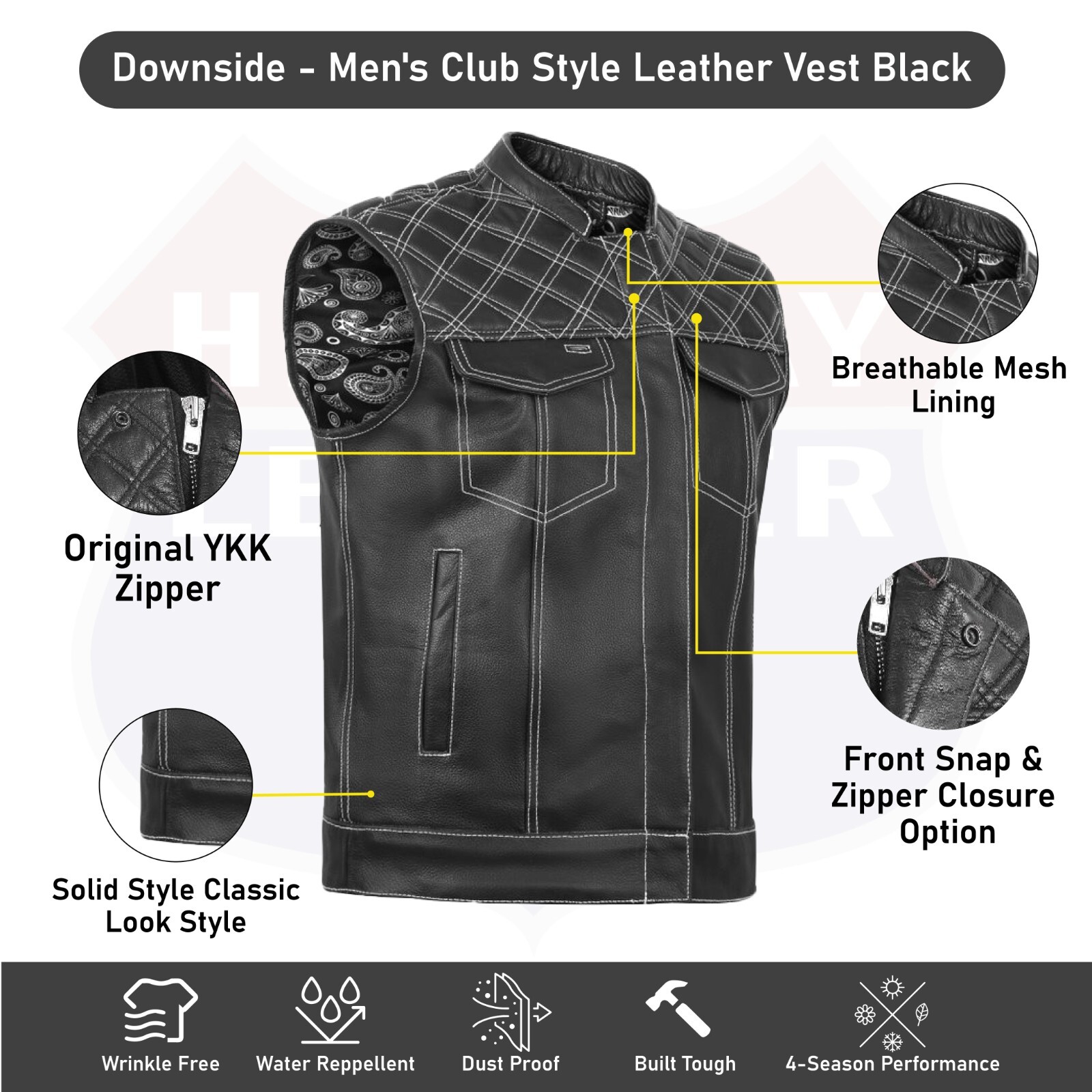 HL11693SPTWHT WHITE Black Men Cross Stitch Club Leather Vest