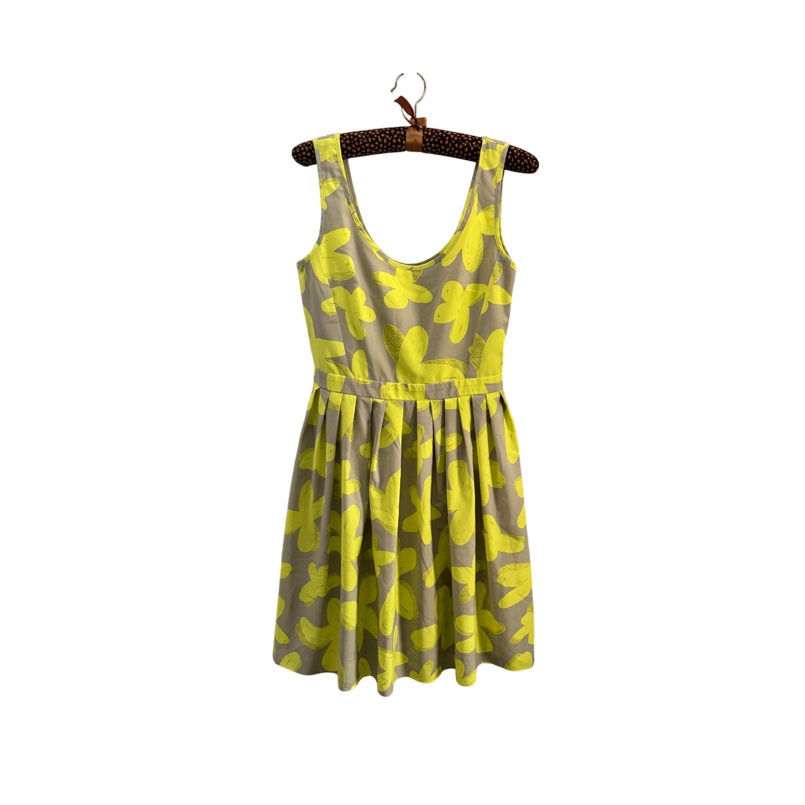 Alex + Alex Neon Yellow Tan Floral Pleated Fit & Flare Dress Size 4 Made in NYC