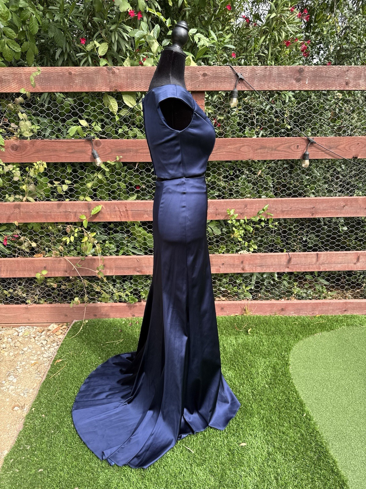 Sherri Hill Navy Satin V-Neck two-piece Maxi Dress Train Lined Zip 4 51251