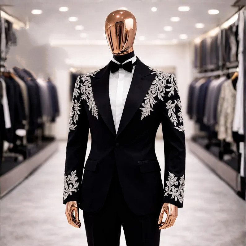 Black Men Suit Luxury Jacket Peak Lapel Silver Embroidery 2Pcs for Prom Evening