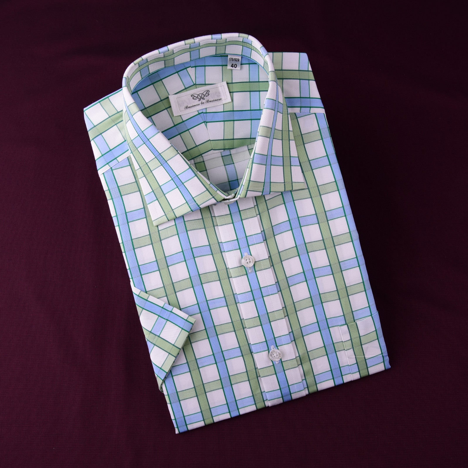 Blue Green Plaids & Checks Formal Business Dress Shirt Short Sleeve Button Down