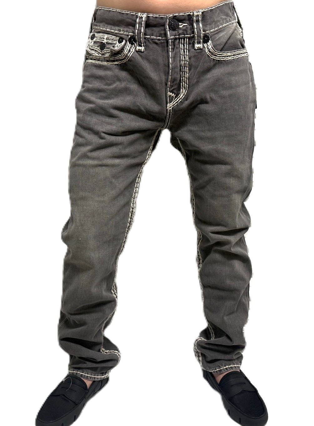 True Religion Men’s Rocco Chalk Grey Wash Super QT Relaxed Skinny Jeans – 109174