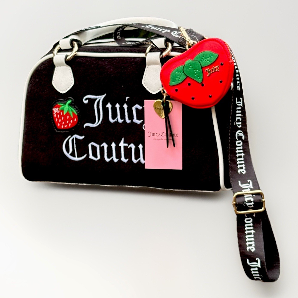 Juicy Couture Small Logo Satchel Zip Strap Strawberry Charm