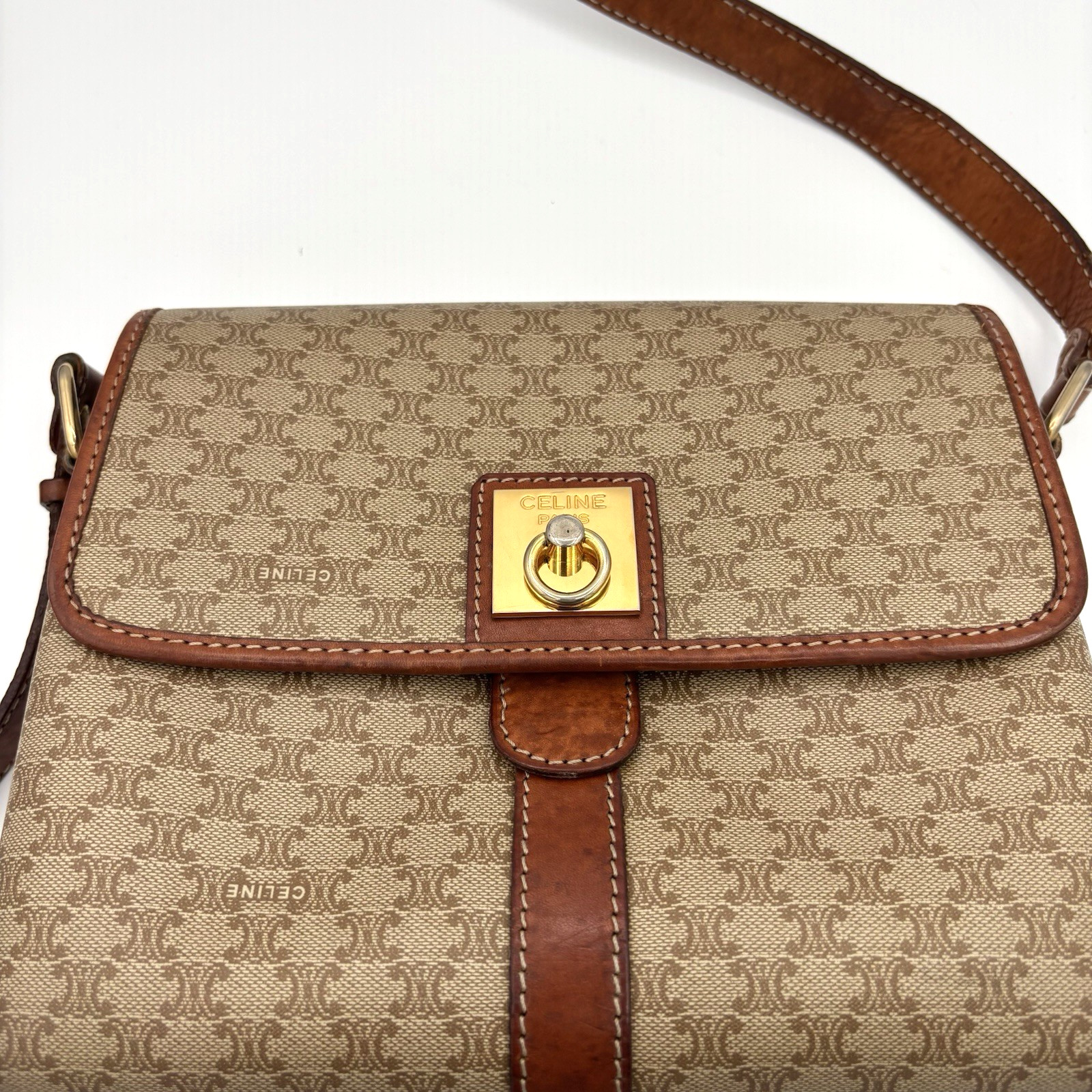 CELINE Macadam Canvas Shoulder Bag PVC Beige Gold Authentic 0046