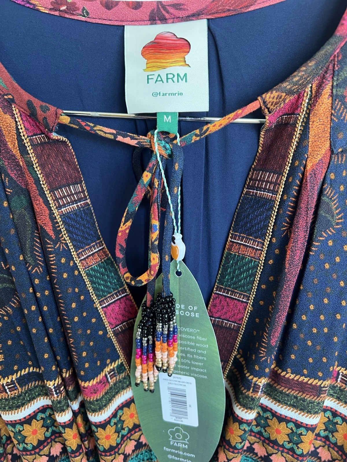 Farm Rio Mixed Patchwork Midi Dress with Tie Neck Dress M