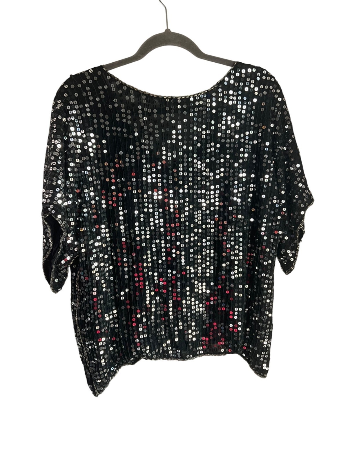 VTG Sequins Queen Medium Silk Beaded Top Black Silver Sequin Floral Embellished*
