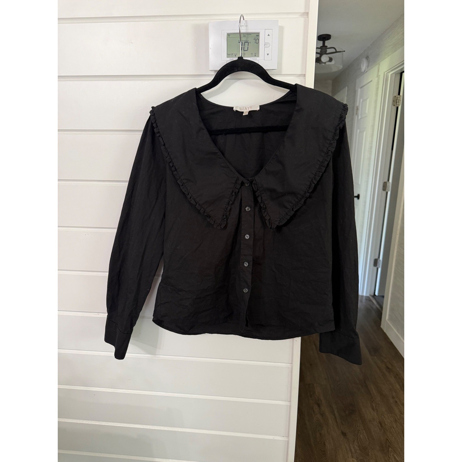 WAYF Esther Collar Blouse Black Oversized Ruffle Peter Pan Collar Shirt Medium