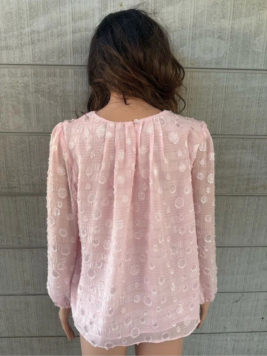 Women’s Pink Dot-Textured Blouse with Gathered Neckline size medium